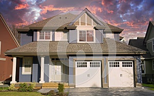 Custom Designer Home Exterior Canada Blue House Roofing Front View Double Garage