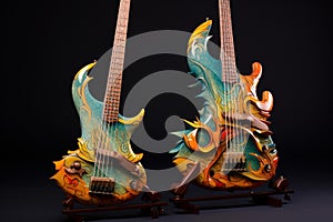 Custom dragon-design electric guitars on stands