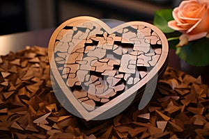 Custom-engraved wooden puzzle in the shape of a heart. AI Generated