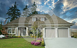 Custom Executive Home House Maison Roofing Stormy Cloudy Sky Background photo