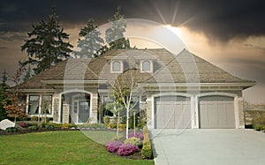 Custom Executive Home House Maison Roofing Sunset Stormy Cloudy Sky Background