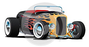 Custom Hot Rod Roadster Car with Flames, Chrome Rims and White Wall Tires, Isolated Vector Illustration