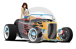 Custom Hot Rod Roadster Car with Flames and Sexy Woman Isolated Vector Illustration