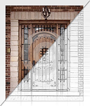 Before and After of Custom House Front Door Blueprint Drawing to Finished Construction