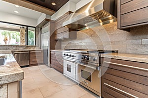 custom kitchen with built-in grilling station, fryer and warming drawer