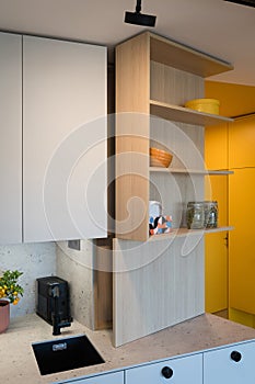 Custom kitchen cabinet with hidden circuit breaker box in urban apartment
