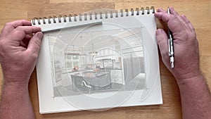 Custom Kitchen Photo Appears Over Artist Drawing On Pad of Paper