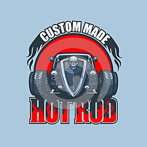 Custom Made Hot Rod logo with vintage car on red background