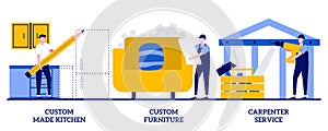 Custom made kitchens, custom furniture, carpenter services concept with tiny people. Home renovation abstract vector illustration