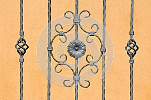 Custom made vintage retro grey wrought iron fence with various small to large handmade decorations in shape of flowers and other