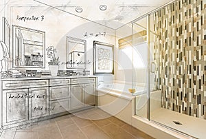 Custom Master Bathroom Design Drawing Gradating to Finished Photograph