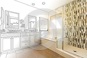 Custom Master Bathroom Design Drawing Gradating to a Photograph