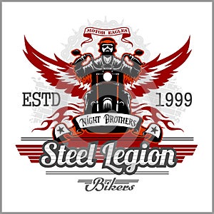 Custom motorcycles club Badge or Label With biker, wings and flame. Stell Legion.