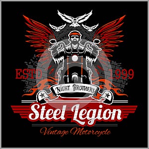 Custom motorcycles club Badge or Label With biker, wings and flame. Stell Legion.