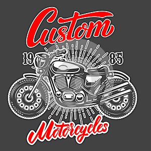 Custom motorcycles. Emblem template with old style motorcycle. Design element for logo, label, sign, emblem, poster.