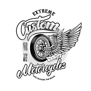 Custom motorcycles. Emblem template with winged wheel. Design element for logo, label, sign, poster, t shirt.