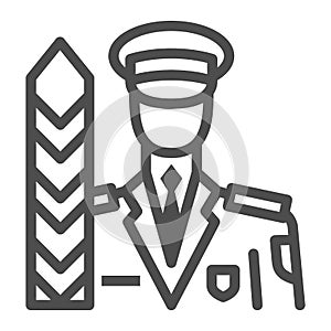 Custom official, uniformed officer, barrier line icon, security concept, border guard vector sign on white background