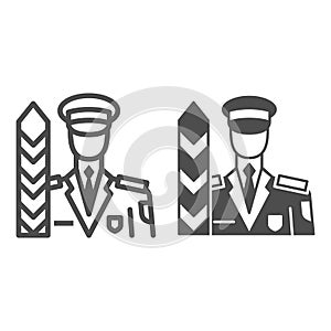 Custom official, uniformed officer, barrier line and solid icon, security concept, border guard vector sign on white