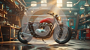 Custom Red Bobber Motorcycle in Atmospheric Garage