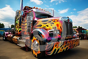 Custom semi truck with vibrant flame paint job. Generative AI