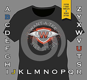 Custom T-shirt design template. Winged shield emblem design.