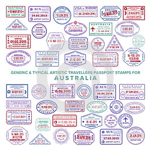 Custom vector typical artistic passport arrival and departure stamps variations set for Australia