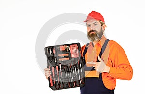 Custom Woodworkers. Set of tools. Screwdrivers set. Man carries toolbox white background. Worker repairman handyman photo