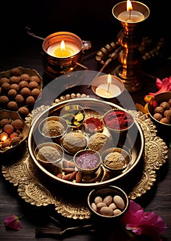 customary pooja prayer ceremony on Diwali festival of lights photo