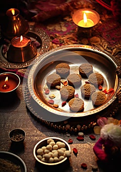 The customary pooja prayer ceremony on Diwali festival lights photo
