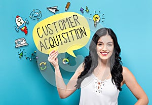 Customer Acquisition with woman holding a speech bubble