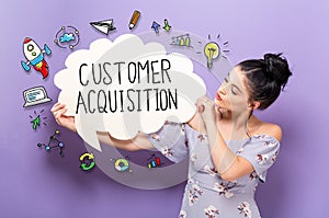 Customer Acquisition with woman holding a speech bubble