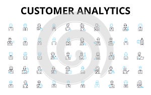 Customer analytics linear icons set. Segmentation, Insights, Retention, Acquisition, Sentiment, Loyalty, Behavior vector