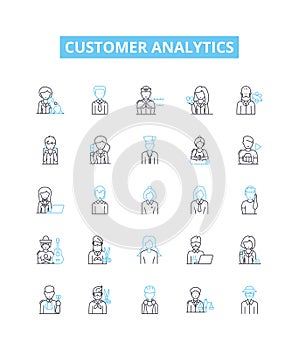 Customer analytics vector line icons set. Customer, Analytics, Segmentation, Profiling, Analysis, Trends, Retention