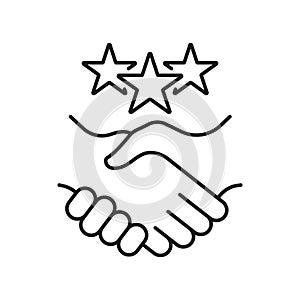 Customer Appreciation Line Icon. Handshake With Stars Linear Pictogram. Client Review Symbol. Business Communication And