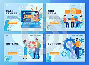 Customer call service support team website design, vector illustration. Hotline call center, technical support operator.