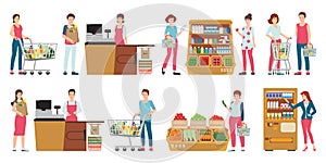 Customer and cashier in supermarket isolated on white.