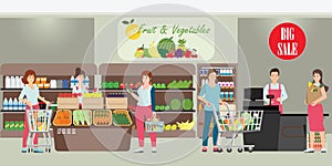 Customer and cashier in supermarket, people shopping at grocery store, character cartoon Vector illustration