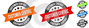 customer centric stamp. customer centric round ribbon sticker. tag