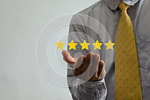 Customer concept excellent service for satisfaction five star rating with business man touch screen. About feedback and positive