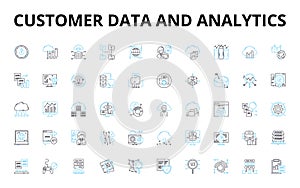 Customer data and analytics linear icons set. Segmentation, Personalization, Profiling, Insights, Targeting, Metrics
