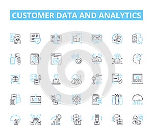 Customer data and analytics linear icons set. Segmentation, Personalization, Profiling, Insights, Targeting, Metrics