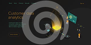 Customer data monitoring concept in isometric vector design. Online internet marketing or business analysis tools. User engagement