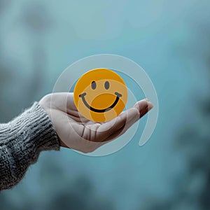 Customer delight Womans hand holds happy face icon, positive experience