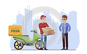 Customer delivery character. Courier handing pizza to client on cityscape background, express food shipping on moped