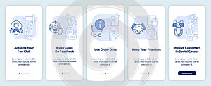 Customer engagement methods light blue onboarding mobile app screen