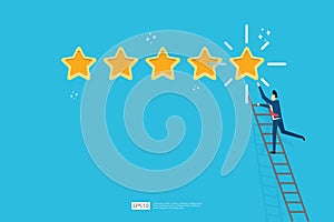 customer evaluating concept with five star good rating feedback. clients satisfaction and positive review experience with stars