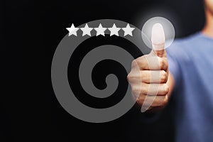 Customer evaluation feedback. men Giving Positive Review for Client's Satisfaction Surveys. giving a five star rating.