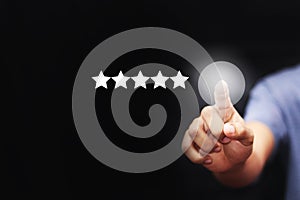 Customer evaluation feedback. men Giving Positive Review for Client\'s Satisfaction Surveys. giving a five star rating.