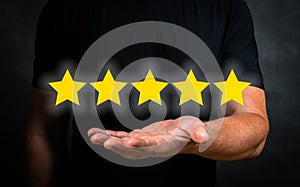 Five stars rating, positive customer feedback and review. Customer Experience Concept, Best Excellent Services for Satisfaction.