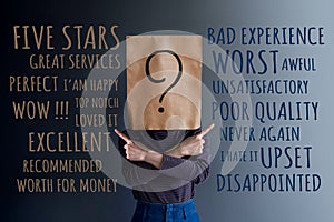 Customer Experience Concept. Client Woman with Question Mark Icon on Paper Bag has Confused to Feedback Review Between Positive photo